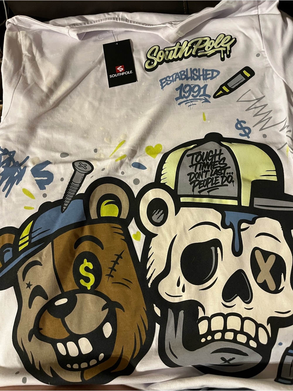 South Pole White Graphic Tee with Brown Bear & Cream Skull Print